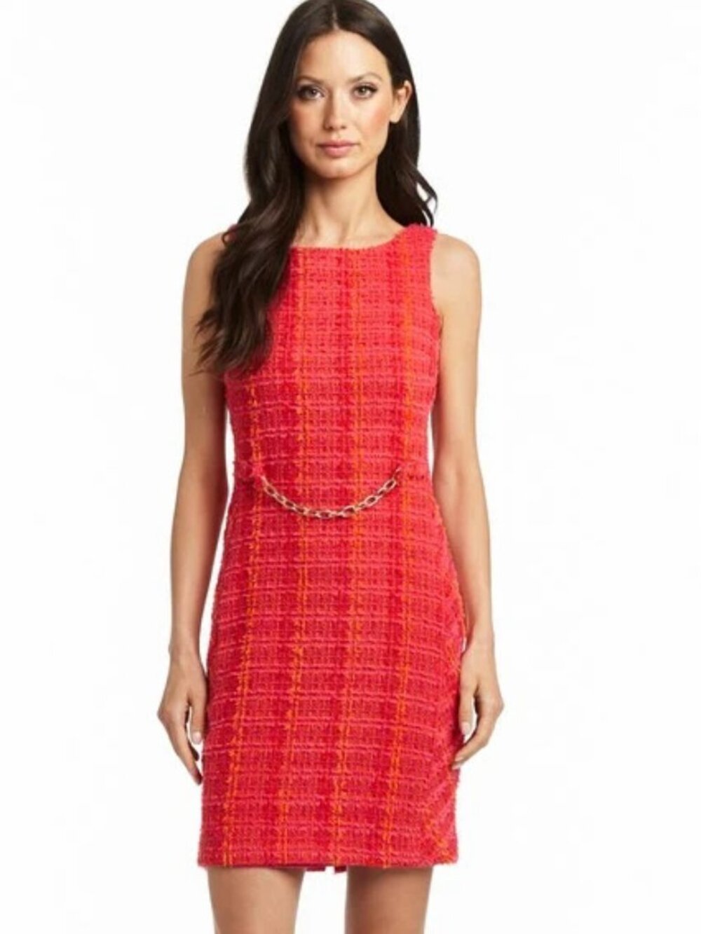 Drew Paige sleeveless tweed dress with chain belt accent size medium M